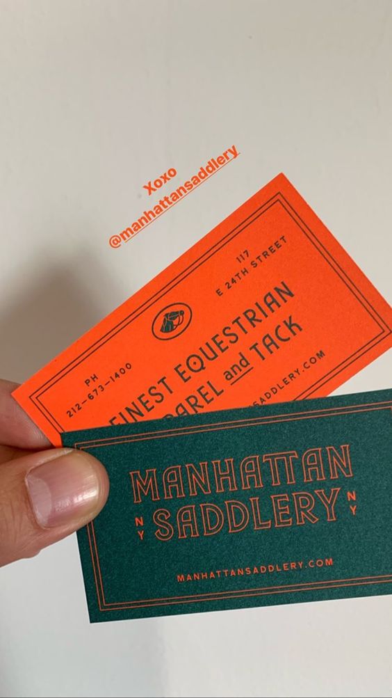 fluorescent orange color of the moment on Manhattan saddlery business cards