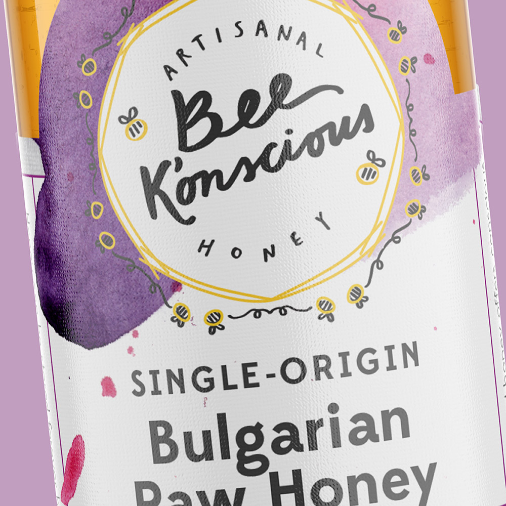 Bulgarian raw honey food packaging design for bee k'onscious