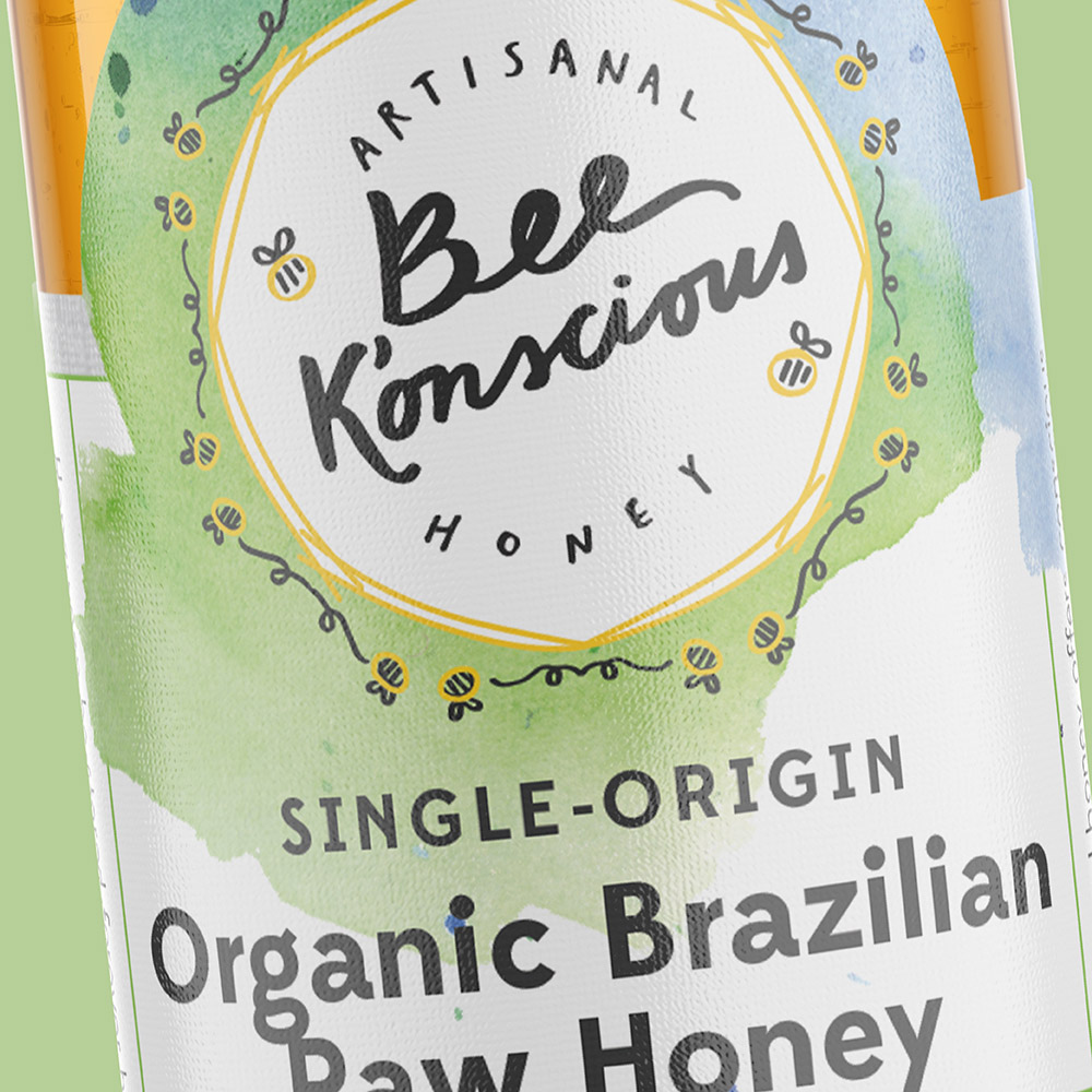 organic Brazilian raw honey food packaging design for bee k'onscious