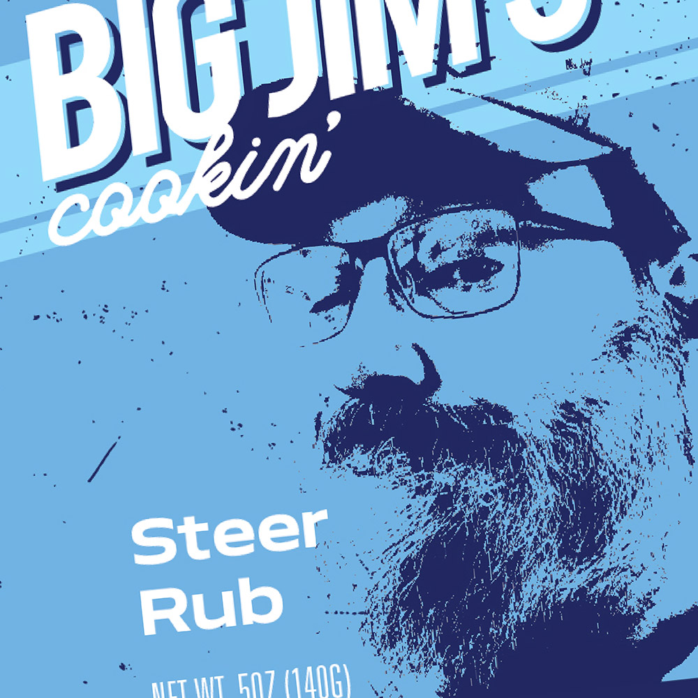 steer rub food packaging design for big Jim's cookin'