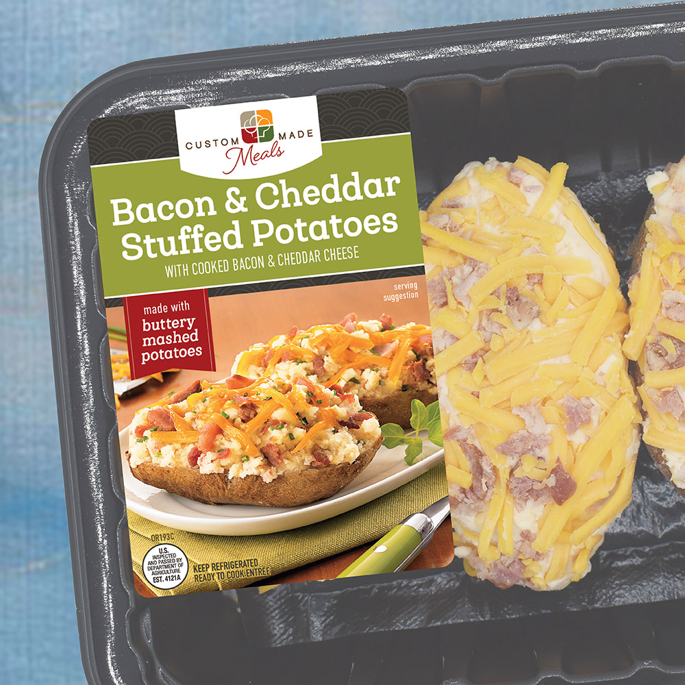 bacon & cheddar stuffed potatoes food packaging design for custom made meals
