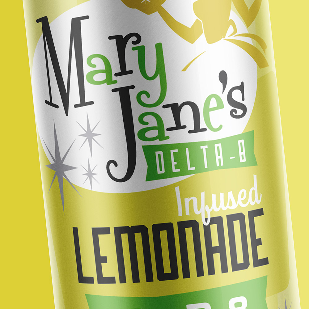 original delta 8 lemonade cannabis beverage packaging design for Mary Janes