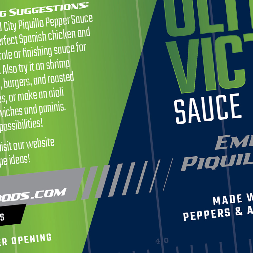 emerald city piquillo sauce food packaging design for ultimate victory sauce