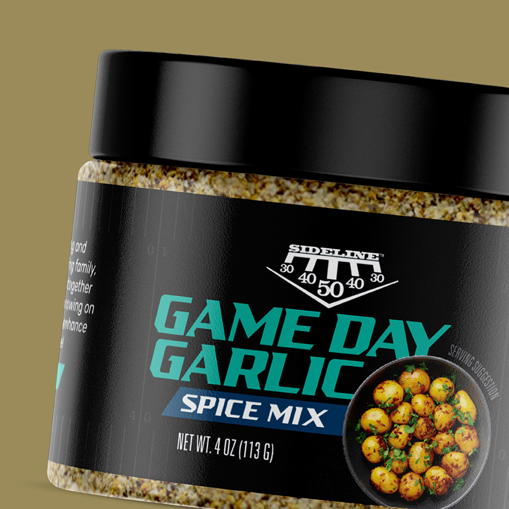 game day garlic spice mix food packaging design for sideline brand