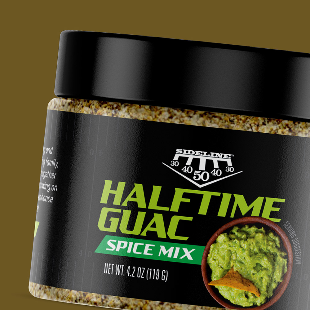 halftime guac spice mix food packaging design for sideline brand