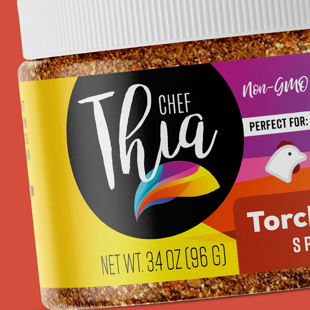torched bird spice mix food packaging design for chef thia