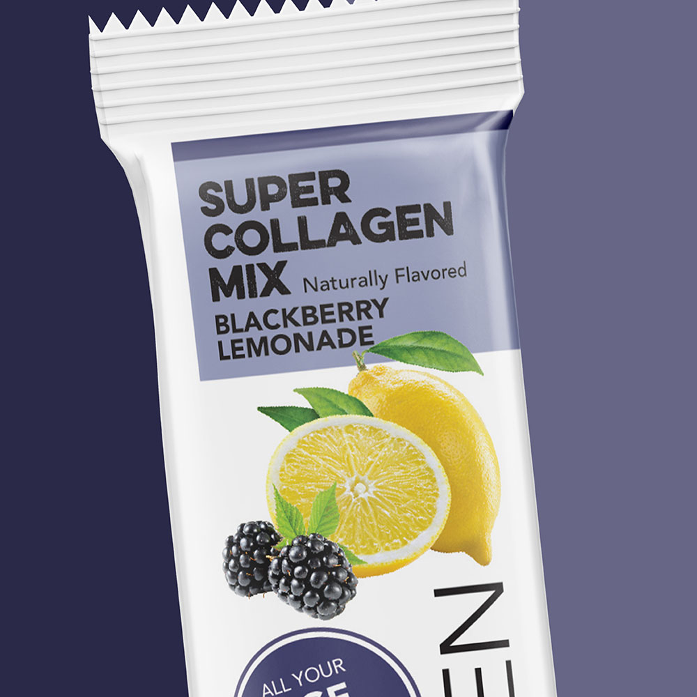 blackberry lemonade super collagen mix supplement packaging design for clean simple eats