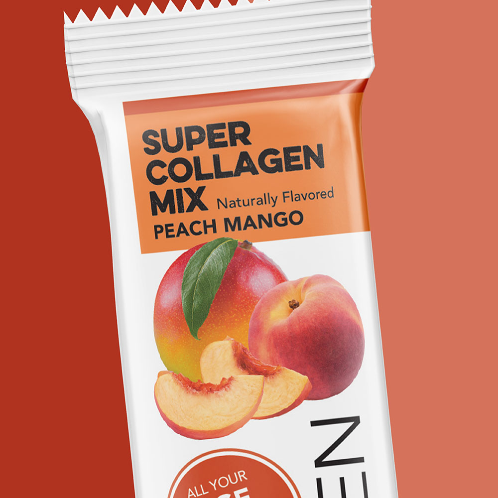 peach mango super collagen mix supplement packaging design for clean simple eats