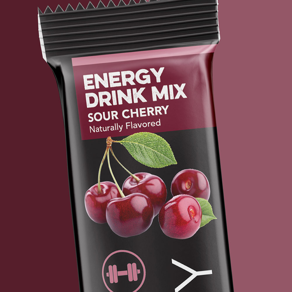 sour cherry energy drink mix supplement packaging design for clean simple eats