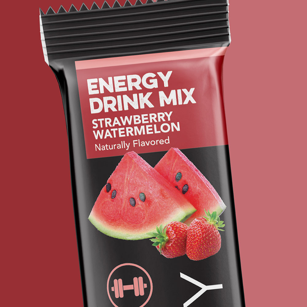 strawberry watermelon energy drink mix supplement packaging design for clean simple eats