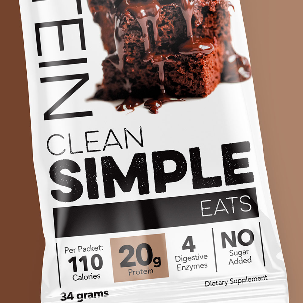 brownie batter protein powder supplement packaging design for clean simple eats