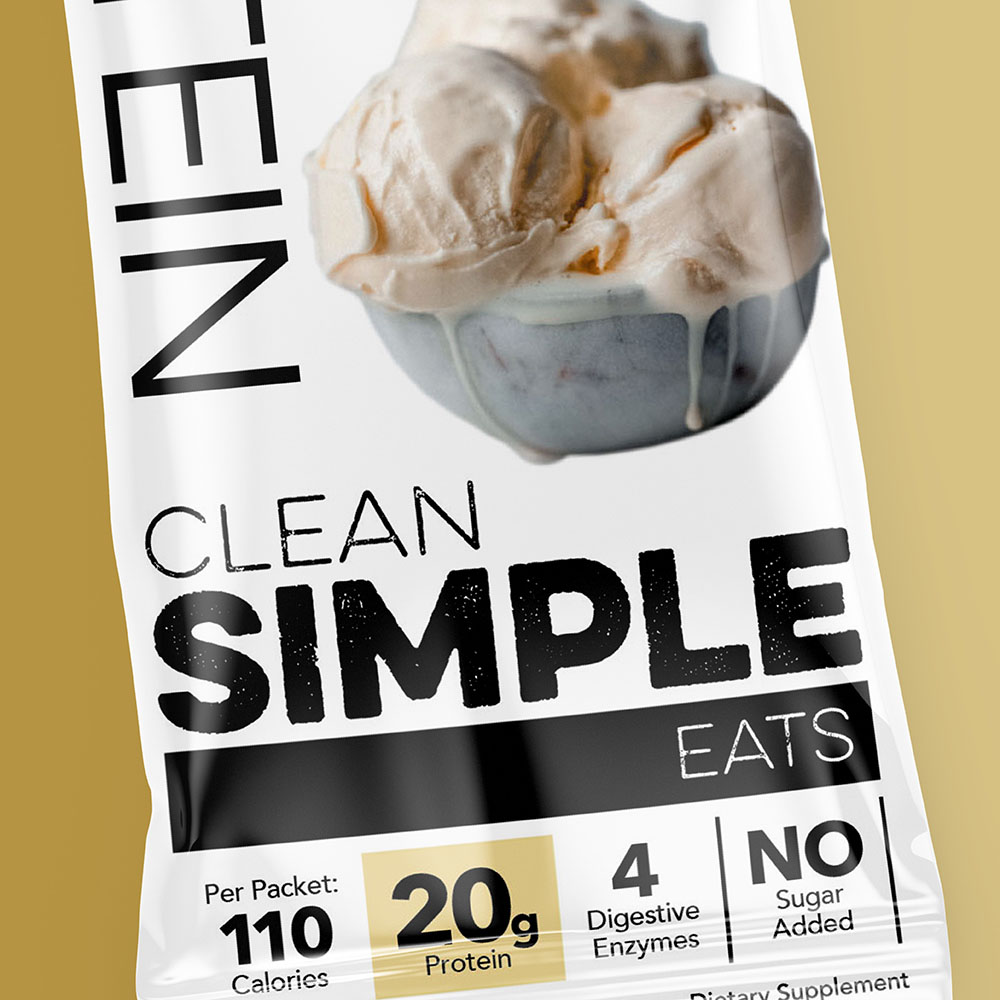 simply vanilla protein powder supplement packaging design for clean simple eats