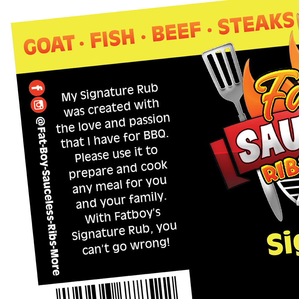 signature rub food packaging design for Fatboy sauceless ribs and more