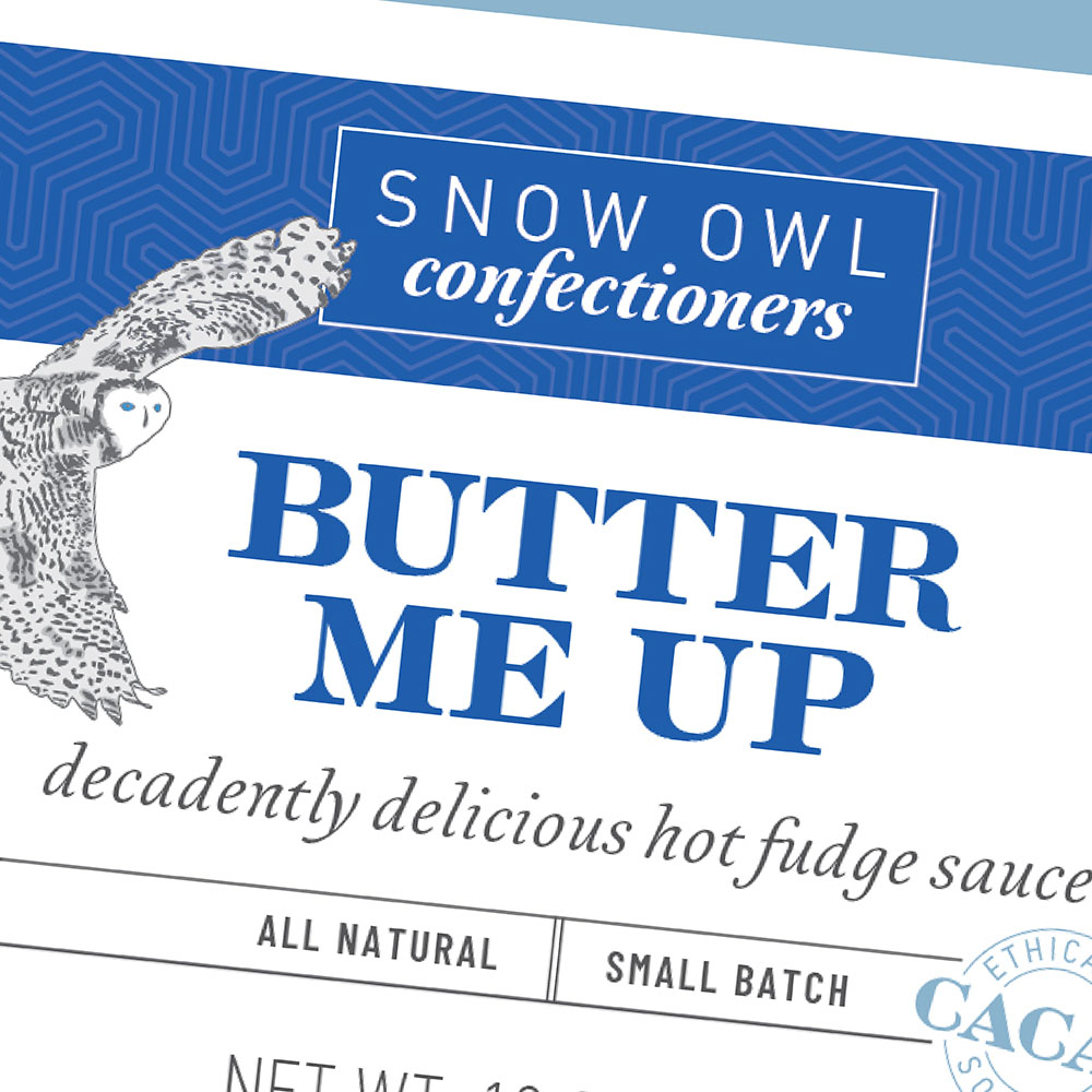 butter me up hot fudge food packaging design for snow owl confectioners