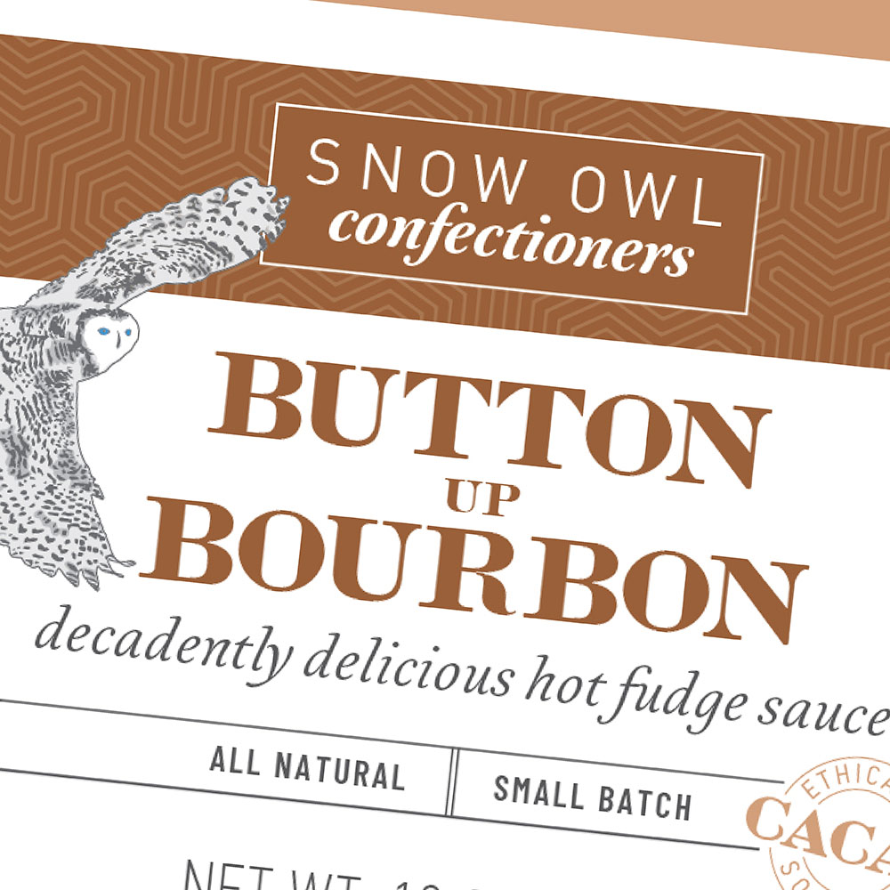 button up bourbon hot fudge food packaging design for snow owl confectioners