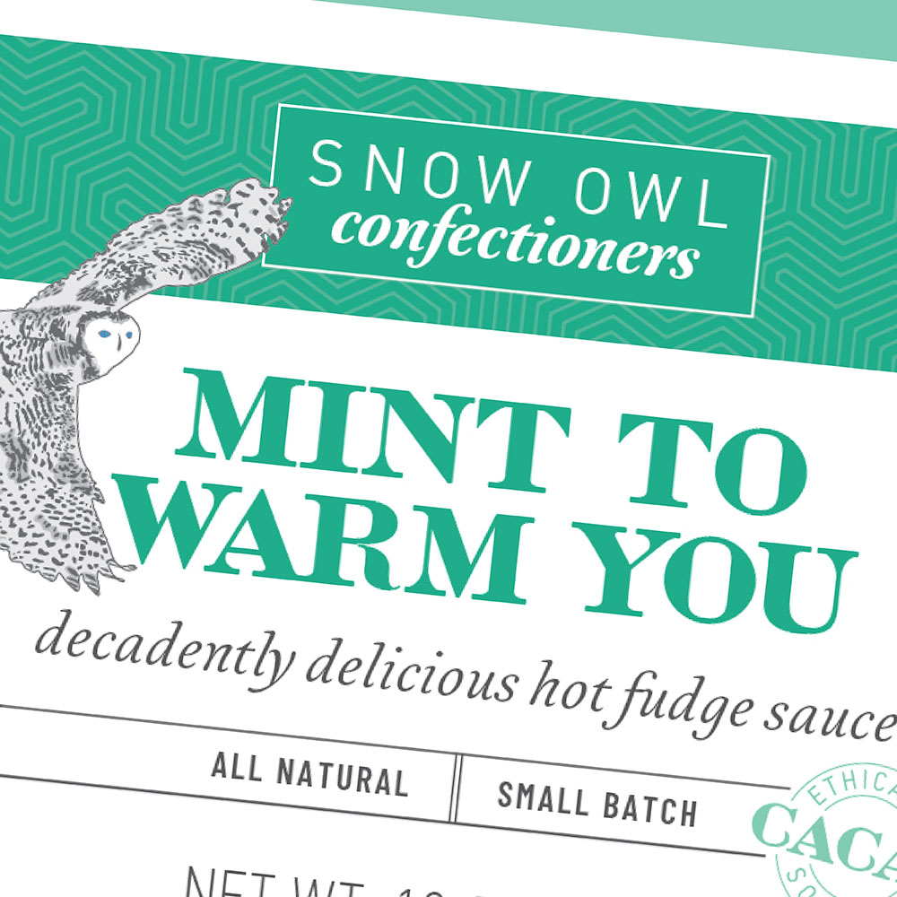 mint to warm you hot fudge food packaging design for snow owl confectioners