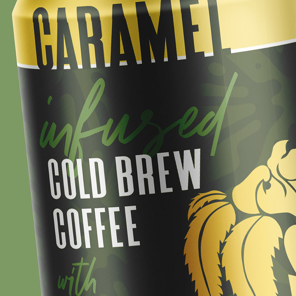 caramel cold brew coffee cannabis beverage packaging design for Thon