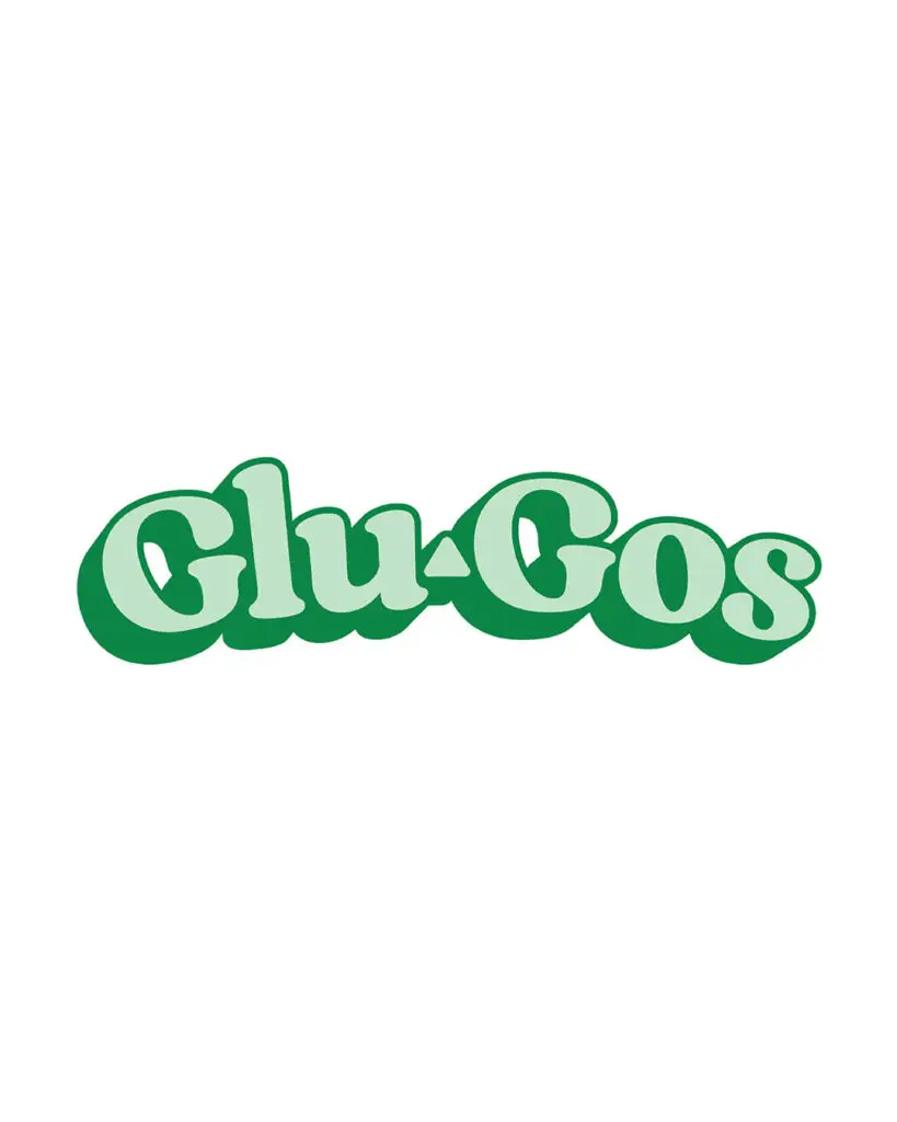Company logo for Glu-Gos: the company name in light green bubble letters with dark green shading.