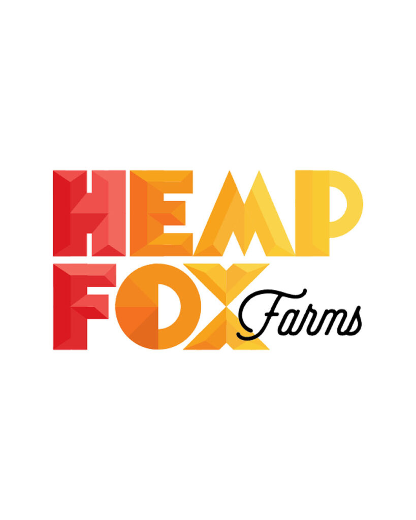 Company logo for Hemp Fox Farms. "Hemp Fox" in stacked, stylized block text in a red-to-yellow gradient, with "Farms" in black cursive.