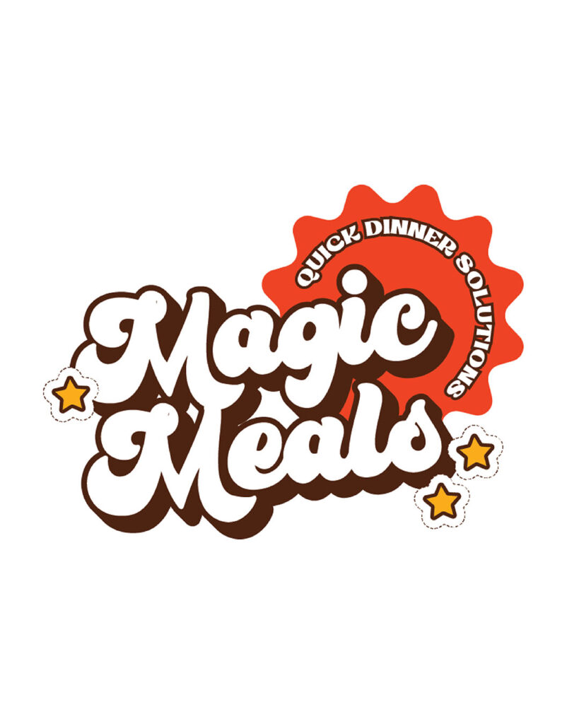 Company logo for Magic Meals Quick Dinner Solutions: "Magic Meals" in large stylized bubble letters with brown shading, and "Quick Dinner Solutions" in a red-orange medal.