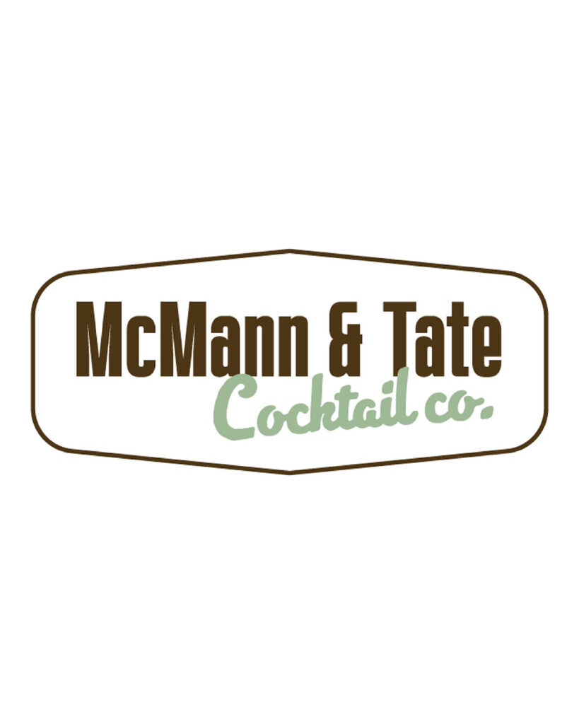 Company logo for McMann & Tate Cocktail co. "McMann & Tate" in brown block letters, "Cocktail co." in light green cursive, with a brown border.
