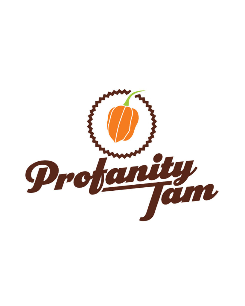 Company logo for Profanity Jam, a small orange pepper over the company name in stylized brown cursive.