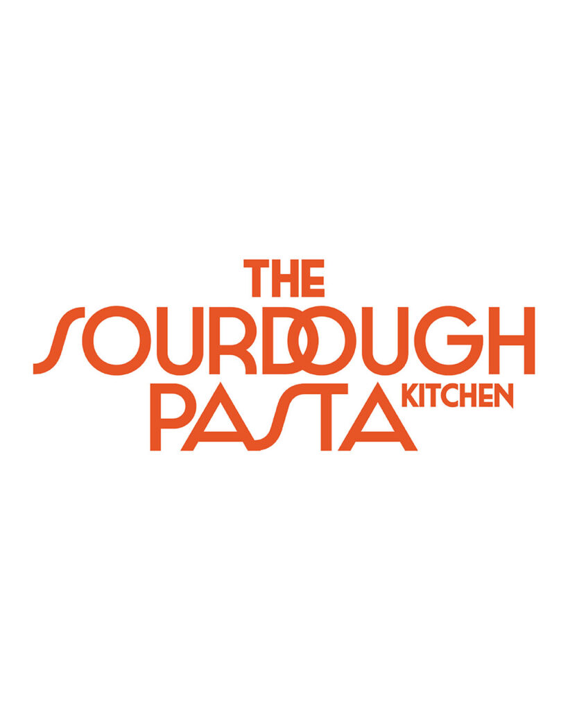 Company logo for The Sourdough Pasta Kitchen, with the company name in stylized red-orange text.