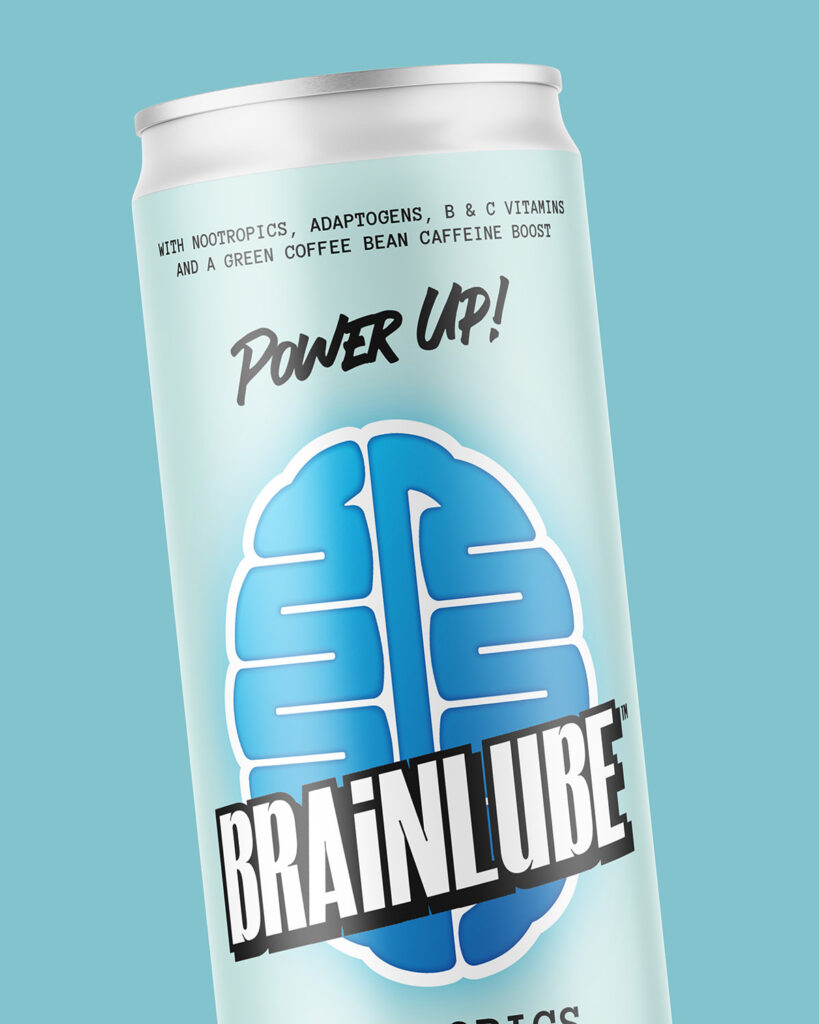 A 12oz can of BrainLube Nootropics Energy Drink, Mango, with black and white text and blue stylized picture a brain on a pale blue background.