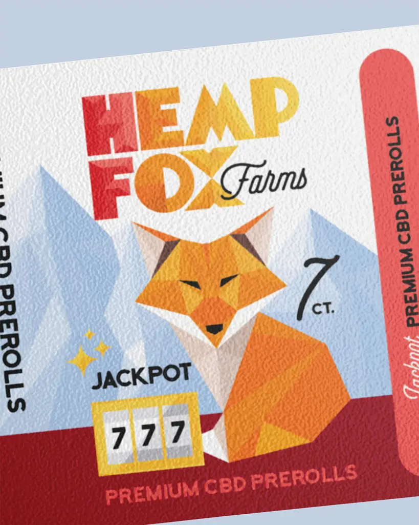 A pouch of Jackpot 777 Premium CBD Preolls, by Hemp Fox Farms, with red-yellow gradient and black text and a stylized picture of a fox on a grey and red background.