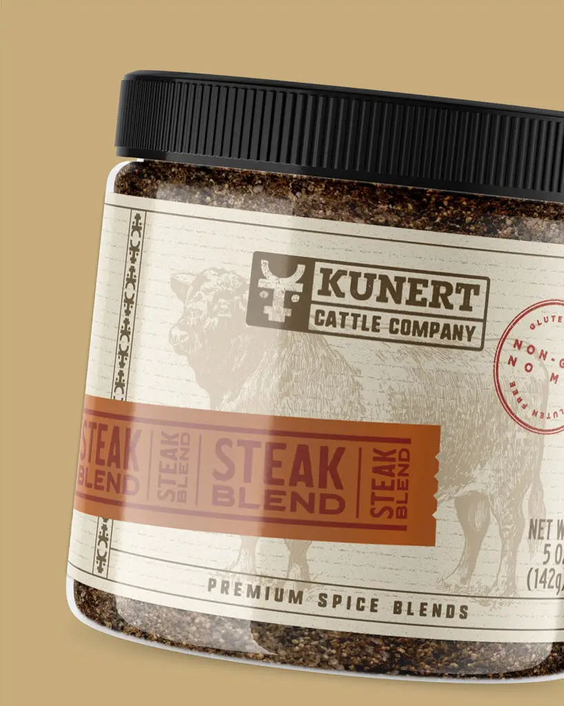 A container of Kunert Cattle Company Steak Blend, with brown and orange text on a tan background.