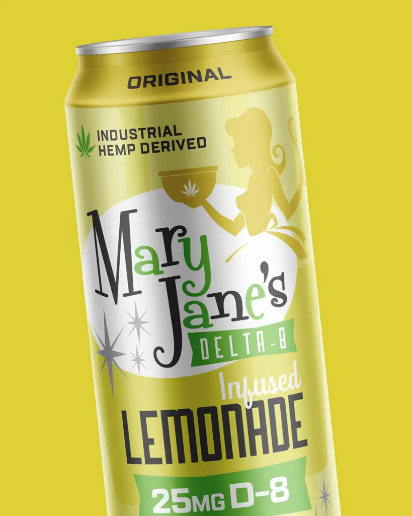 A 7.5oz can of Mary Jane's Delta-8 Infused Lemonade with 25mg Delta-8, with black and green lettering on a yellow background.