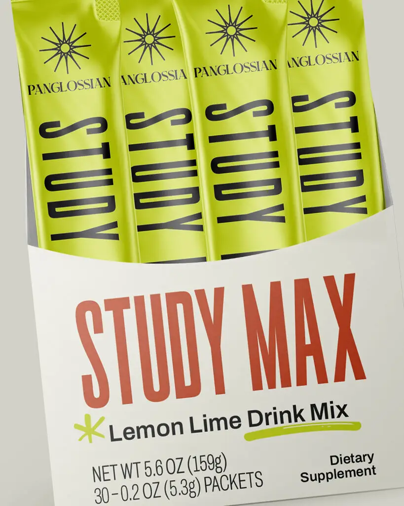 A box of packets of Panglossian Study Max: Lemon Lime Drink Mix.