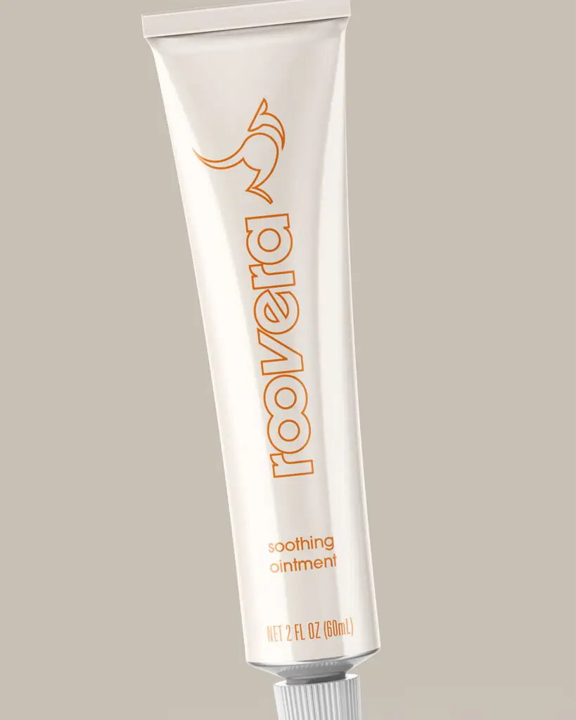 A 2oz bottle of Roovera's Soothing Ointment, with orange text on an off-white background.