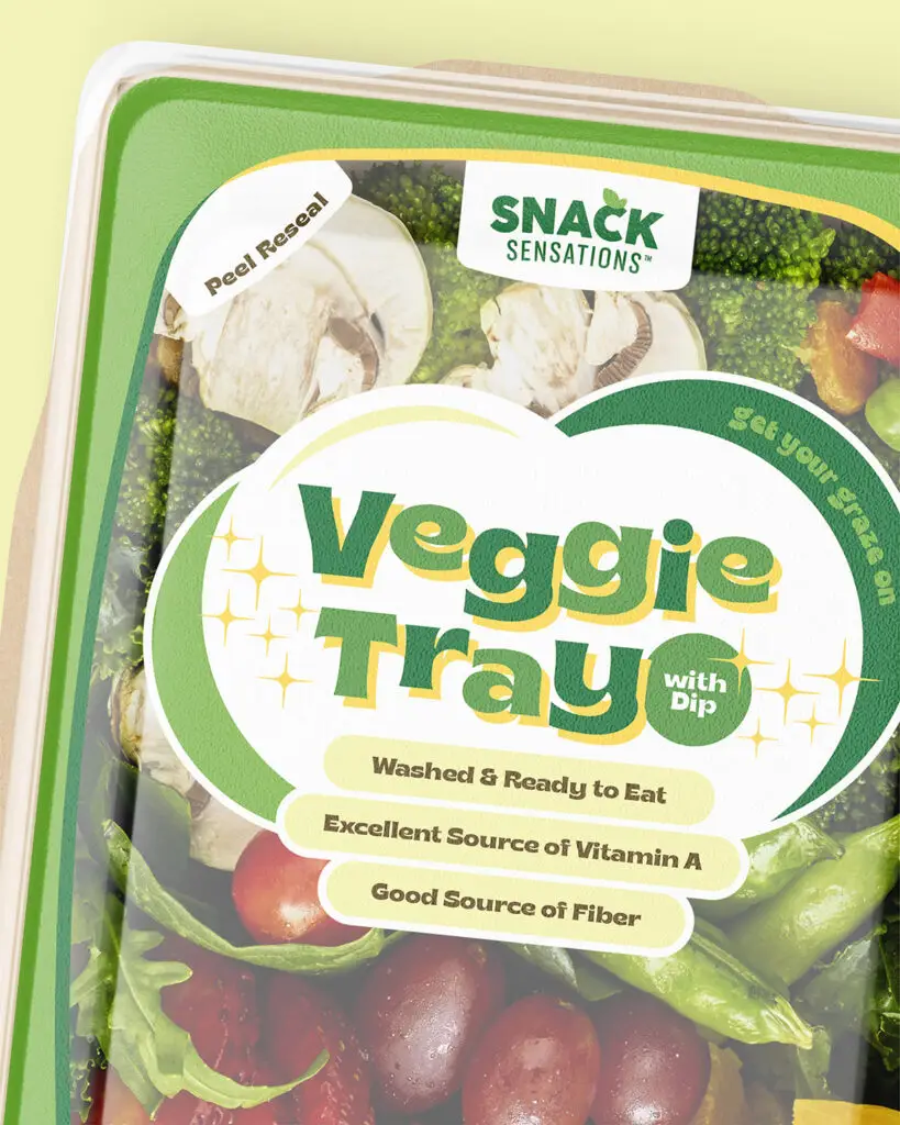A veggie tray with dip, produced by Snack Sensations, with product info in dark and light green bubble letters with yellow shadow, on a white and green background.