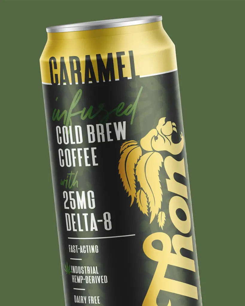 An 8oz can of Thon's Caramel Infused Cold Brew Coffee with 25mg Delta-8, featuring white block text, green cursive, and gold elements on a dark background.