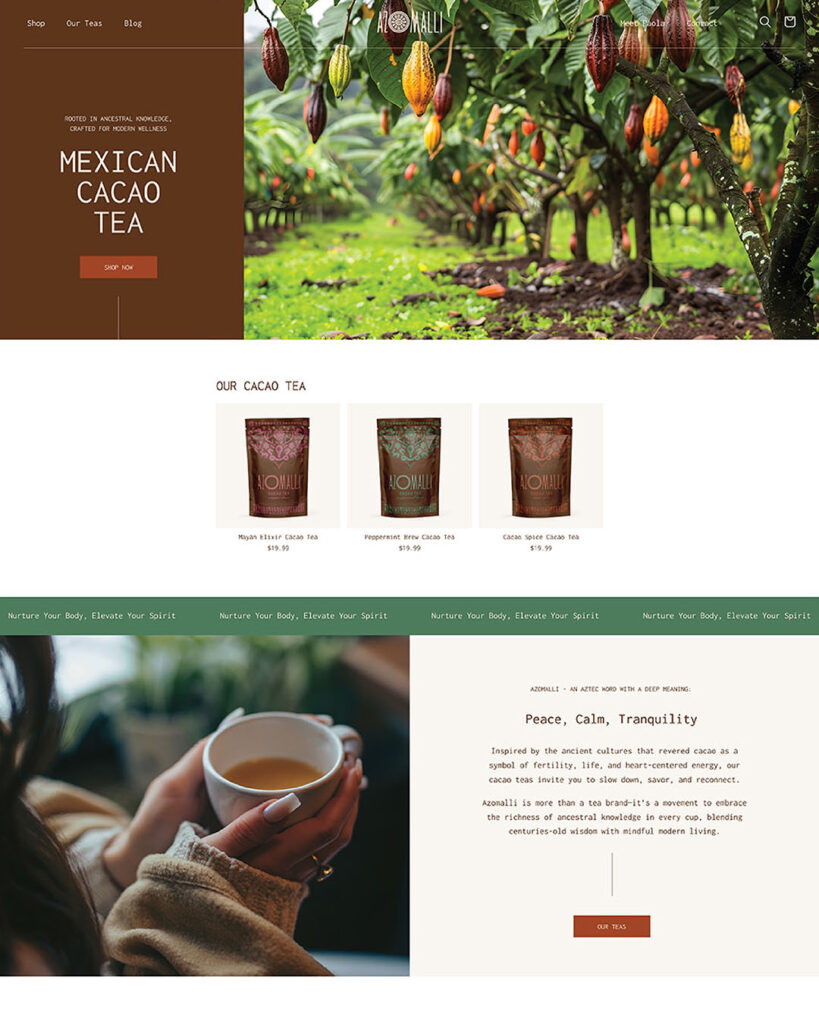 Portfolio image: the home page of the Azomalli website, featuring images of their Mayan Elixir, Peppermint Brew, and Cacao Spice cacao tea blends.