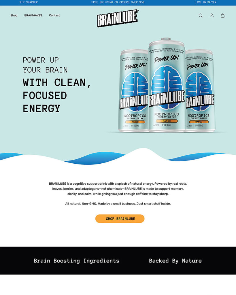 Portfolio image: the home page of the BrainLube website, featuring images of their Mango Nootropics Energy Drink.