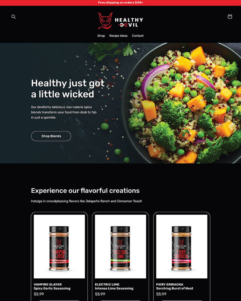 Portfolio image: the home page of the Healthy Devil website, featuring images of their Vampire Slayer, Electric Lime, and Fiery Sriracha spice blends.