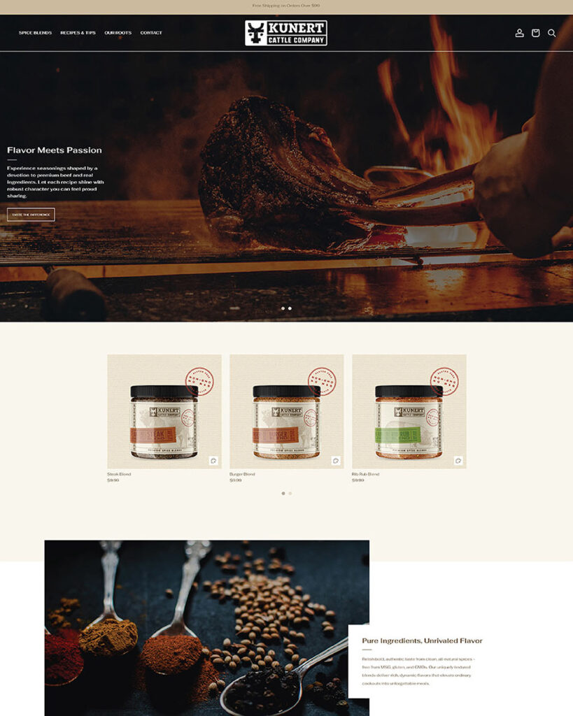 Portfolio image: the home page of the Kunert Cattle Co website, featuring images of their Steak Blend, Burger Blend, and Rib Rub Blend varieties.