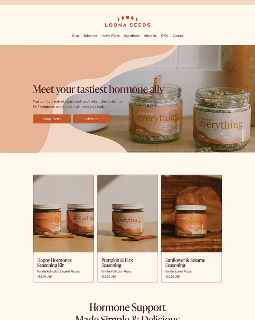 Portfolio image: the home page of the Loona Seeds website, featuring images of their Pumpkin & Flax Seasoning and Sunflower & Sesame Seasoning varieties.