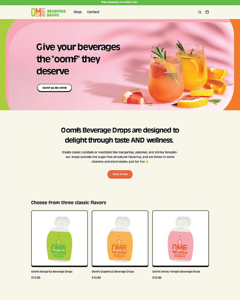 Portfolio image: the home page of the Oomf's Beverage Drops website, featuring their Margarita, Grapefruit, and Shirley Temple flavor varieties.