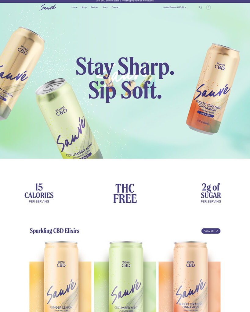 Portfolio image: the home page of the Sauve website, featuring images of the Ginger Lemon, Cucumber Mint, and Blood Orange Cinnamon flavors of their Sparkling CBD Elixirs.
