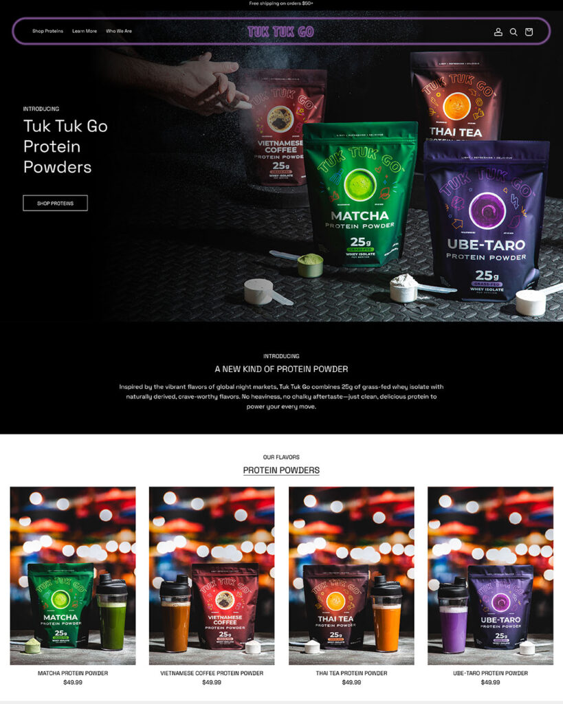 Portfolio image: the home page of the Tuk Tuk Go website, featuring images of their Vietnamese Coffee, Matcha, Thai Tea, and Ube-Taro flavors of protein powder.