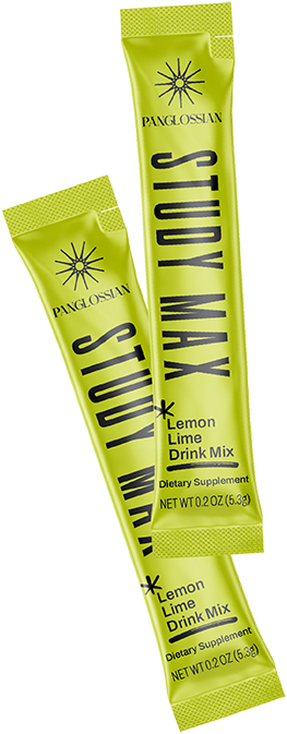 Two light-green pouches of Panglossian Study Max: Lemon Lime Drink Mix.