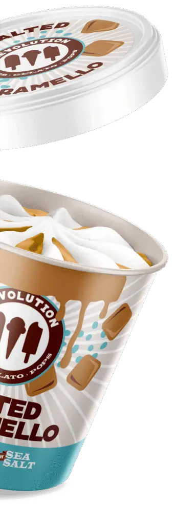 A product mockup for a carton of Revolution Artisan Pops and Gelato, Salted Caramello flavor.