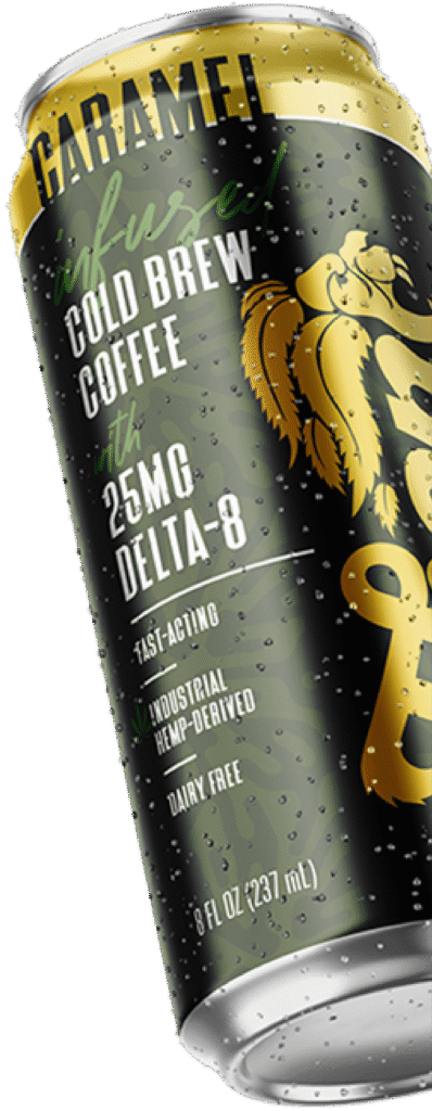 A product mockup for a an 8oz can of Thon's Caramel Infused Cold Brew Coffee with 25mg Delta-8, featuring white block text, green cursive, and gold elements on a dark background.