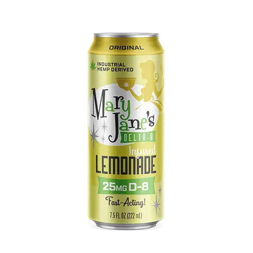 A product mockup for a 7.5oz can of Mary Jane's Delta-8 Infused Lemonade with 25mg Delta-8, with black and green lettering on a yellow background.