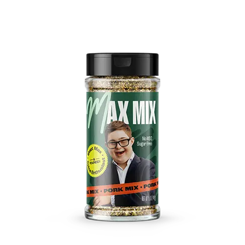A product mockup for a shaker of Max Mix Pork Mix spice blend.