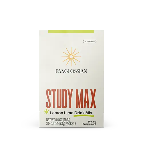 A product mockup for a box of pouches of Panglossian Study Max: Lemon Lime Drink Mix.