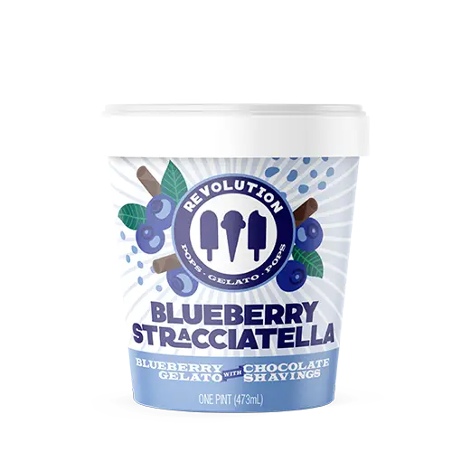 A product mockup for a carton of Revolution Artisan Pops and Gelato, Blueberry Stracciatella flavor.